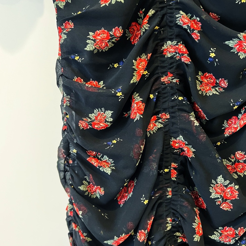 Zara Floral Ruched Mini Dress Mesh Ruffle Plunge V-Neck Puff Sleeve Black S - Picture 7 of 10